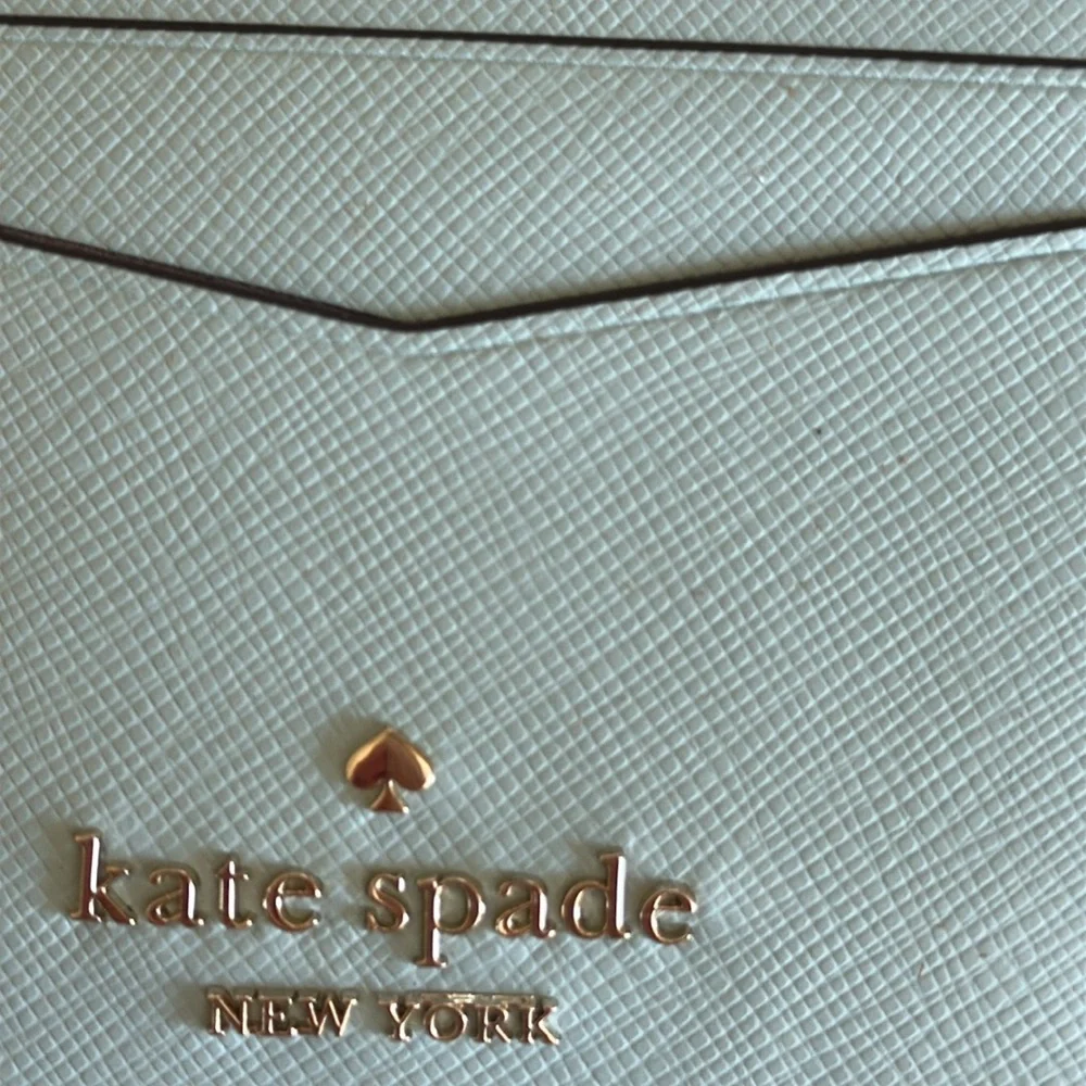 New Kate Spade Leather Blue Glow Card Holder with Gold Logo.